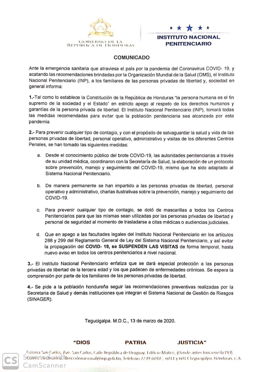 INP suspende visitas en la Penitenciaria Nacional por COVID-19 
