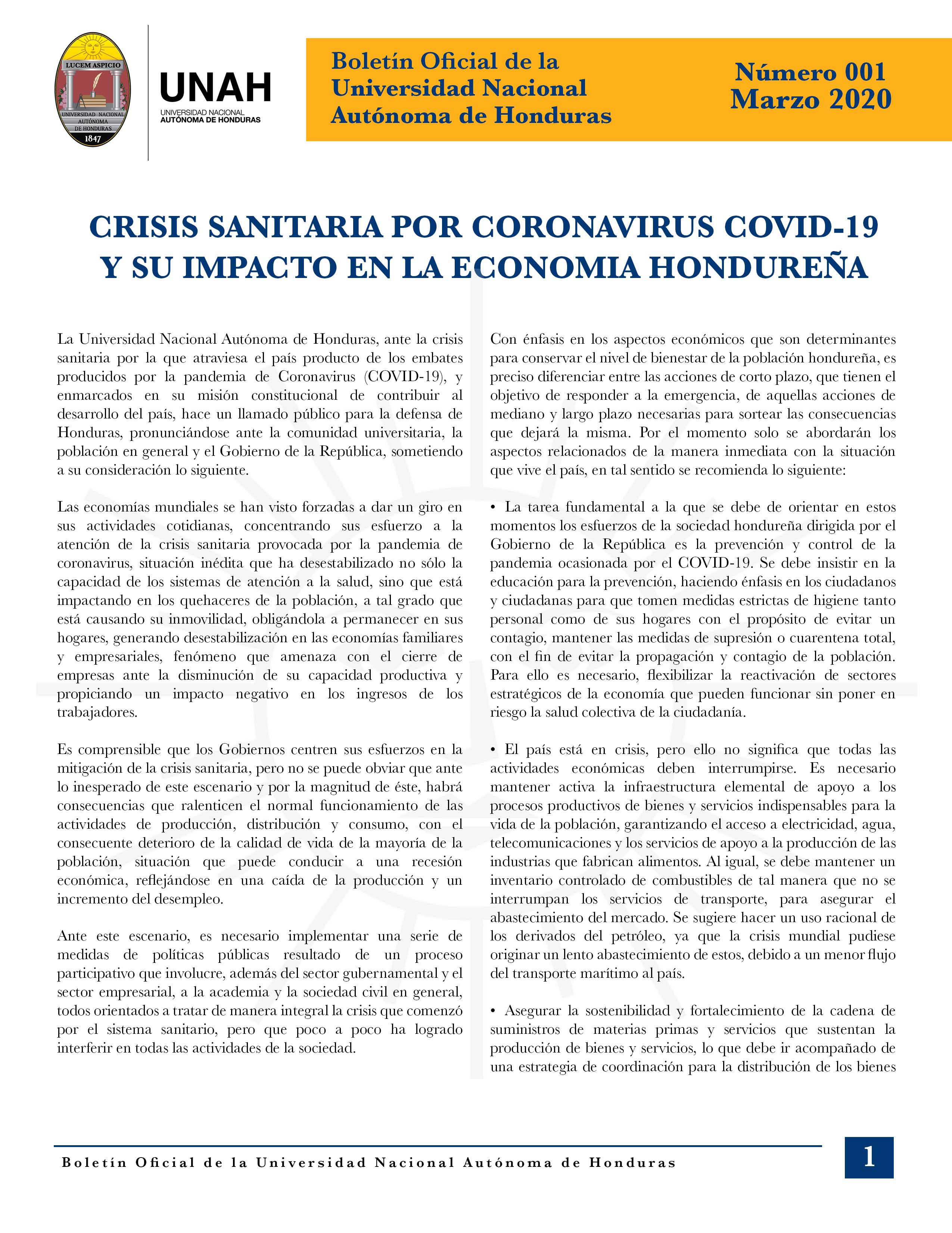 UNAH propone estrategia integral contra emergencia por COVID-19