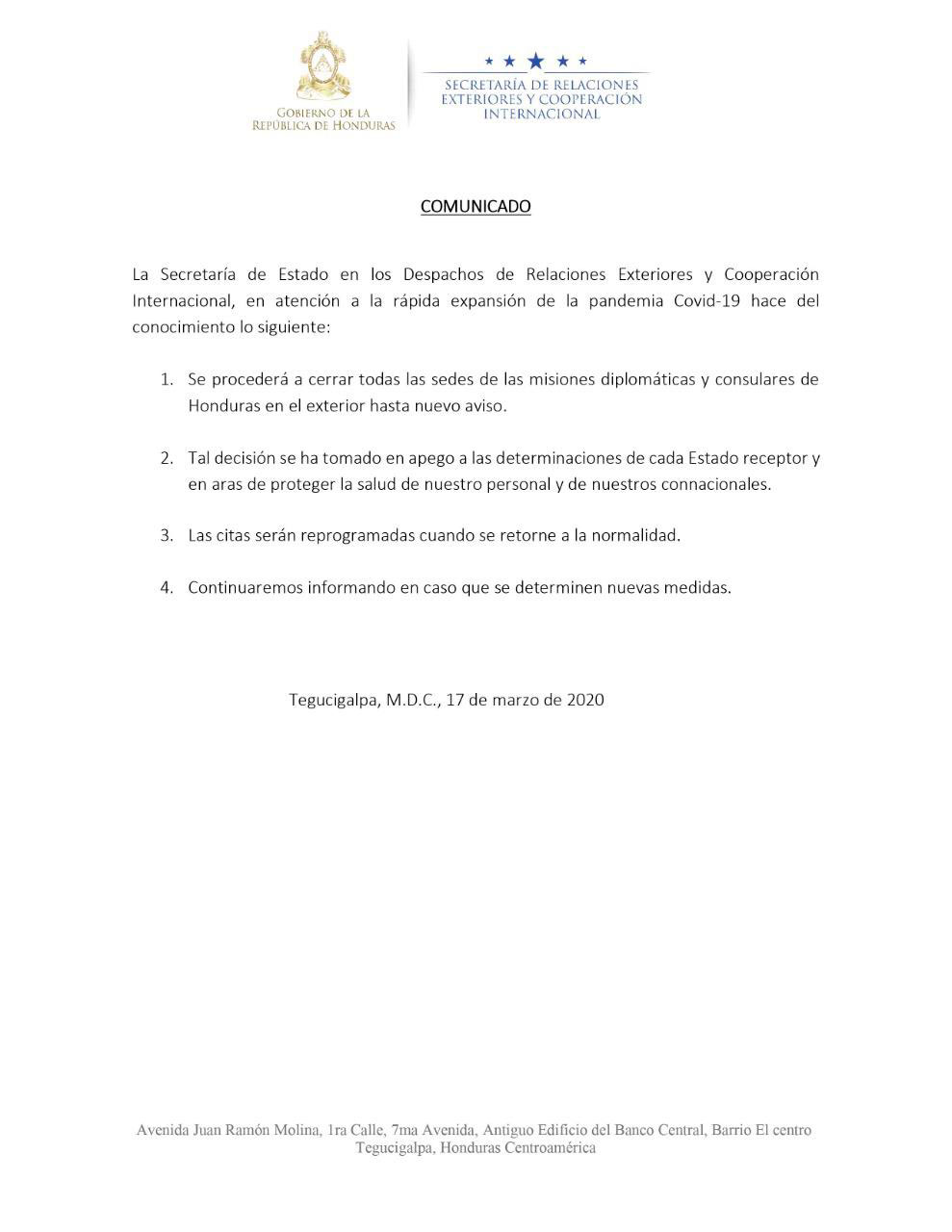 Honduras anuncia el cierre de todas sus embajadas