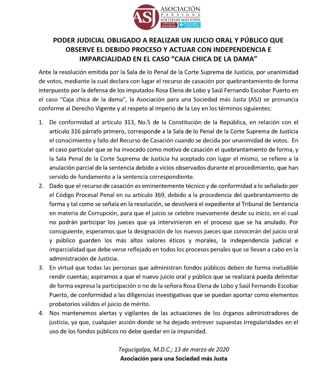 ASJ reacciona sobre caso de Rosa Elena Bonilla, exprimera dama de Honduras