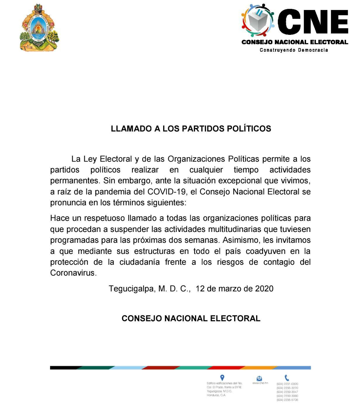 CNE pide a partidos suspender actividades políticas en Honduras
