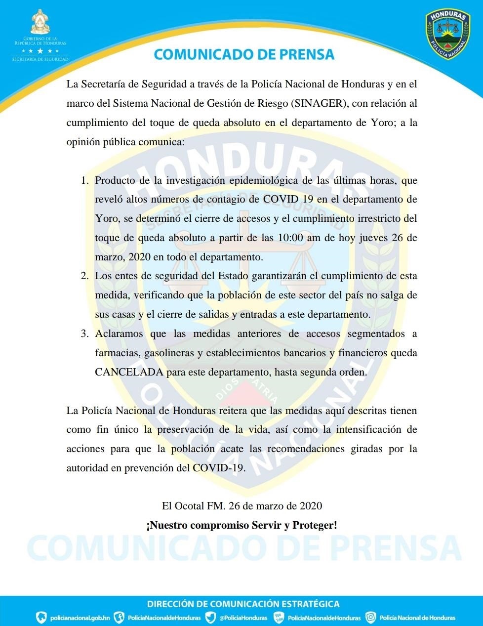 Endurecen 'toque de queda' para frenar avance del COVID-19 en Yoro