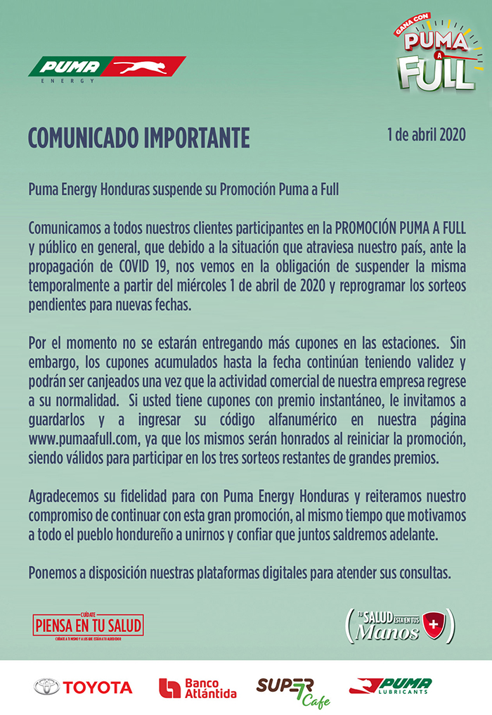 Suspenden temporalmente promoción Puma Full