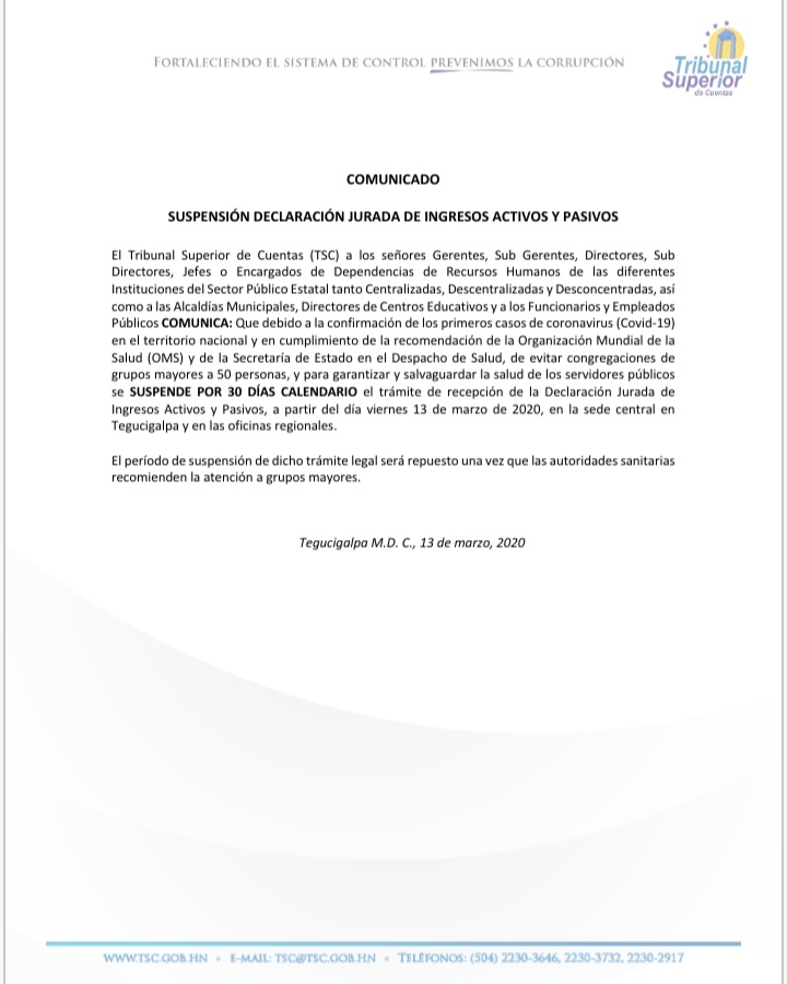 TSC suspende declaración jurada de ingresos activos y pasivos a causa de coronavirus