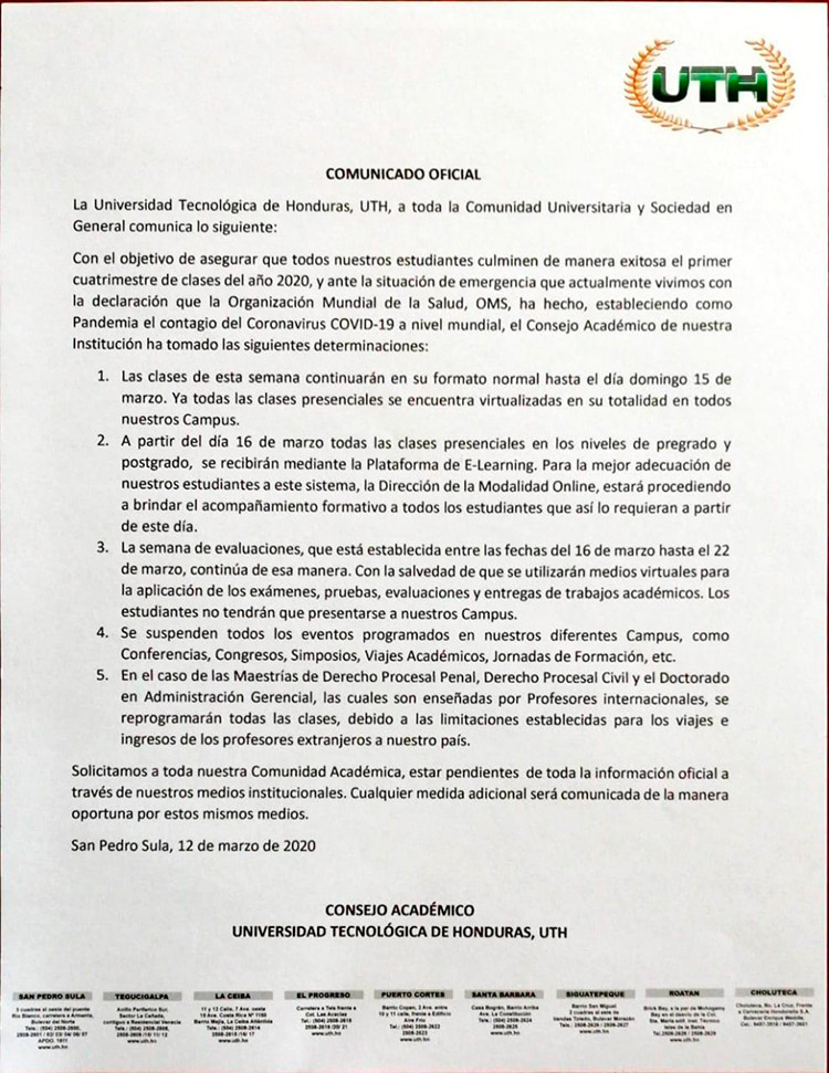 La UNAH suspende clases para prevenir contagios del COVID-19