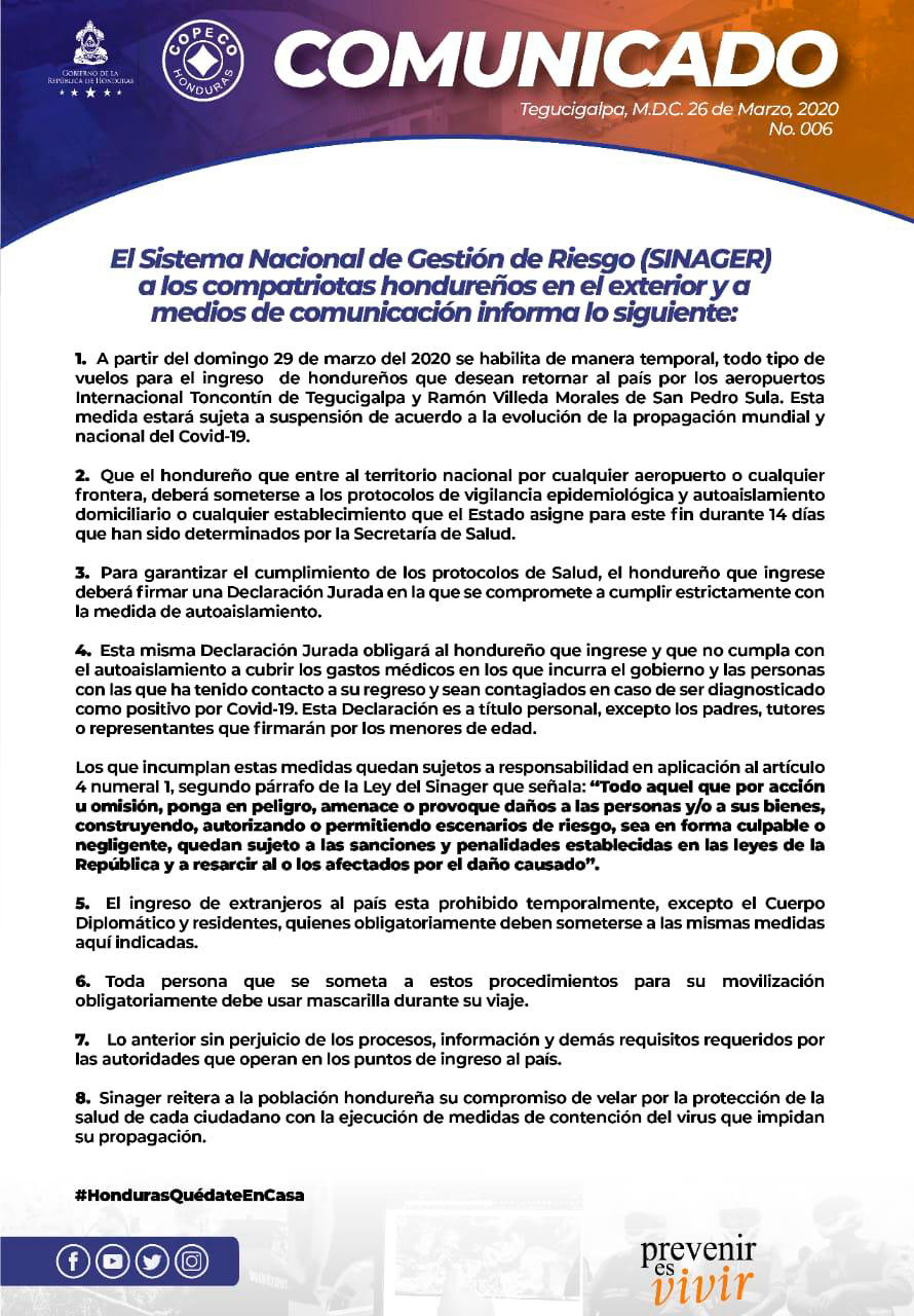 Habilitarán temporalmente vuelos para ingreso de hondureños que desean retornar al país