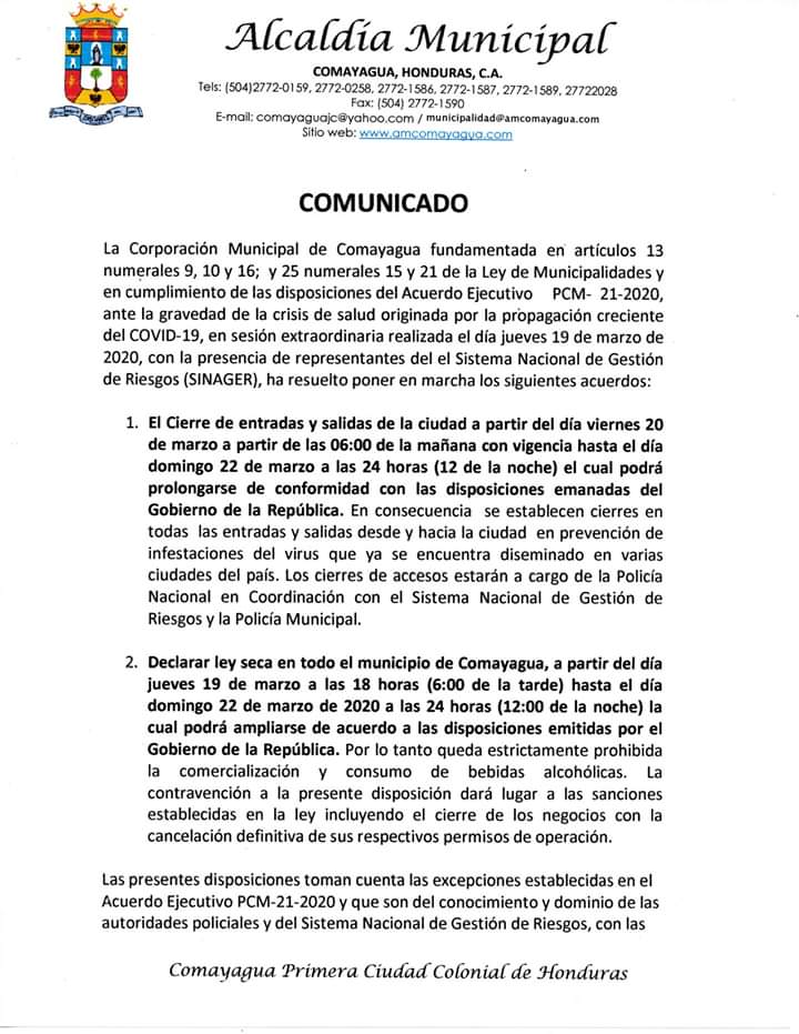 Alcaldía de Comayagua ordena cerrar la ciudad por el coronavirus