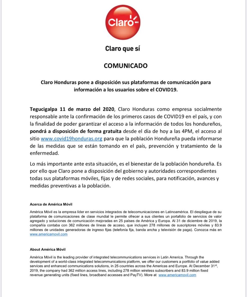 Claro y Tigo usarán plataformas para informar sobre el COVID-19