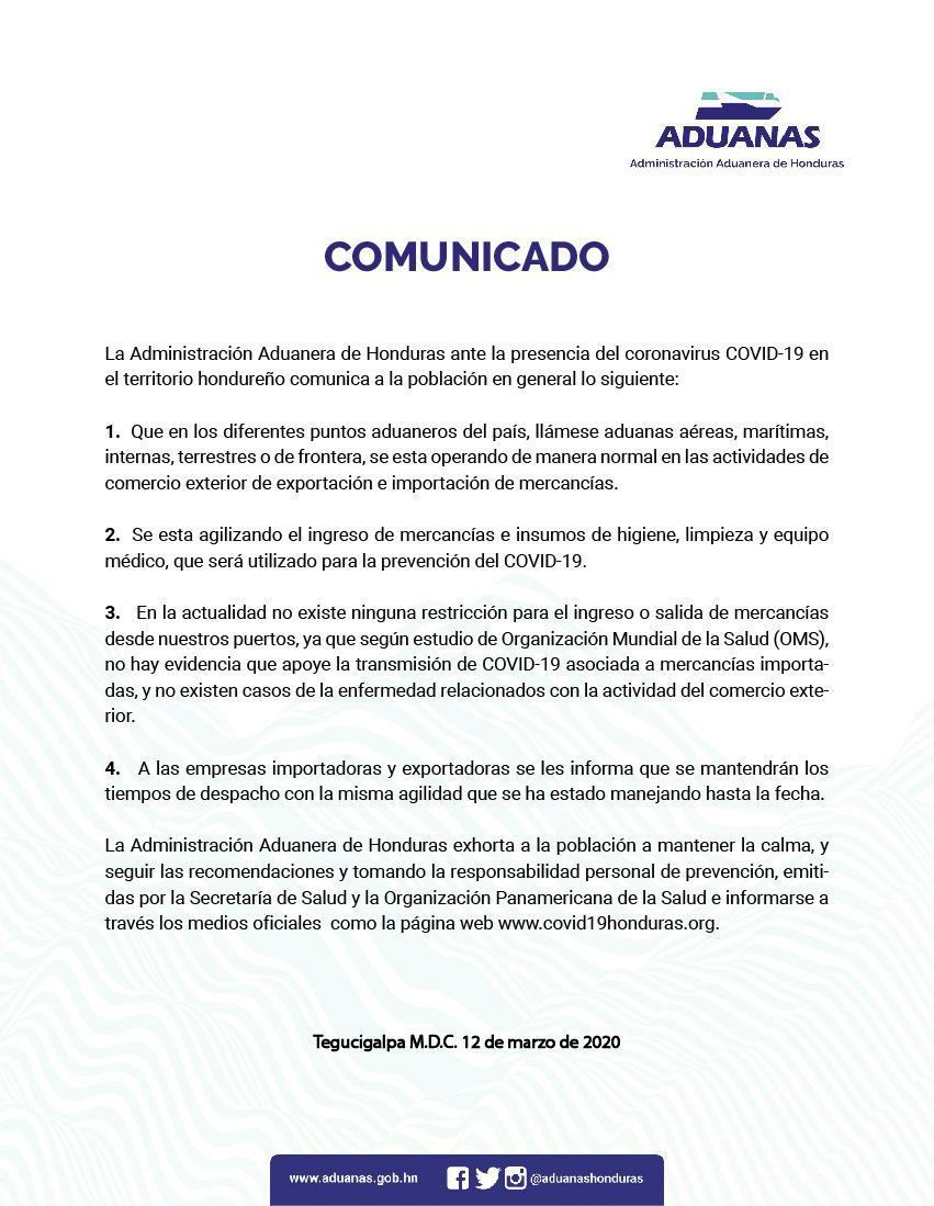 Así operará la Administración Aduanera ante la presencia de COVID-19 