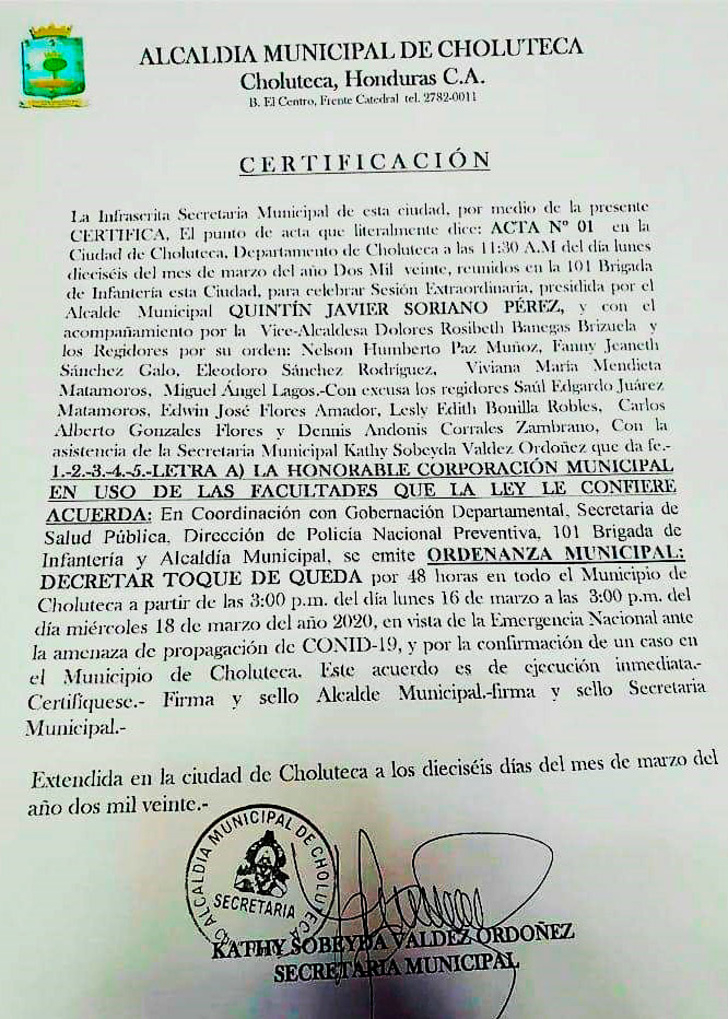 Alcaldía de Choluteca decreta toque de queda por coronavirus