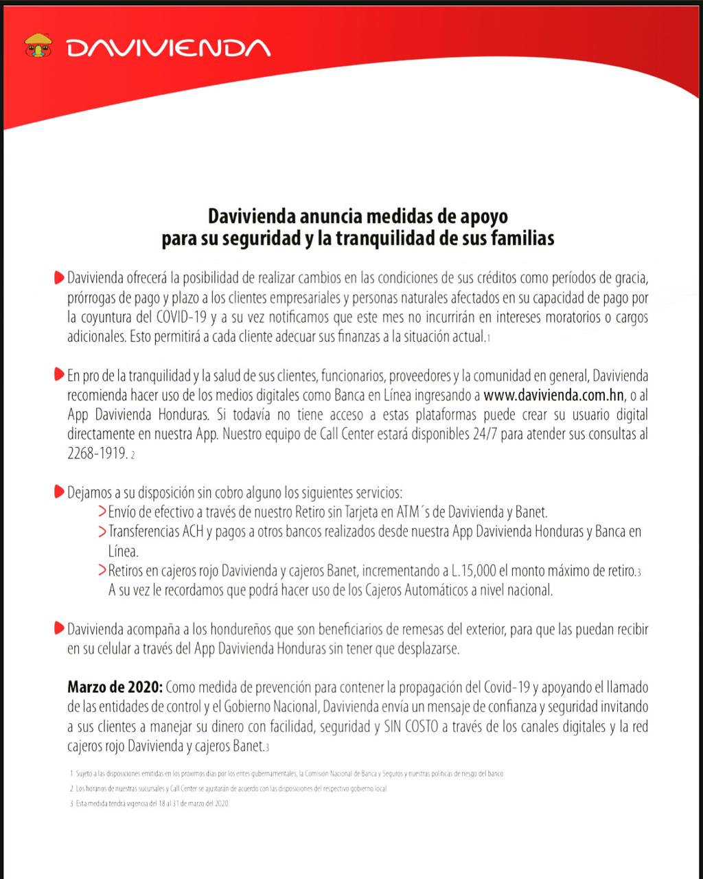 Davivienda toma medidas para no afectar sus clientes