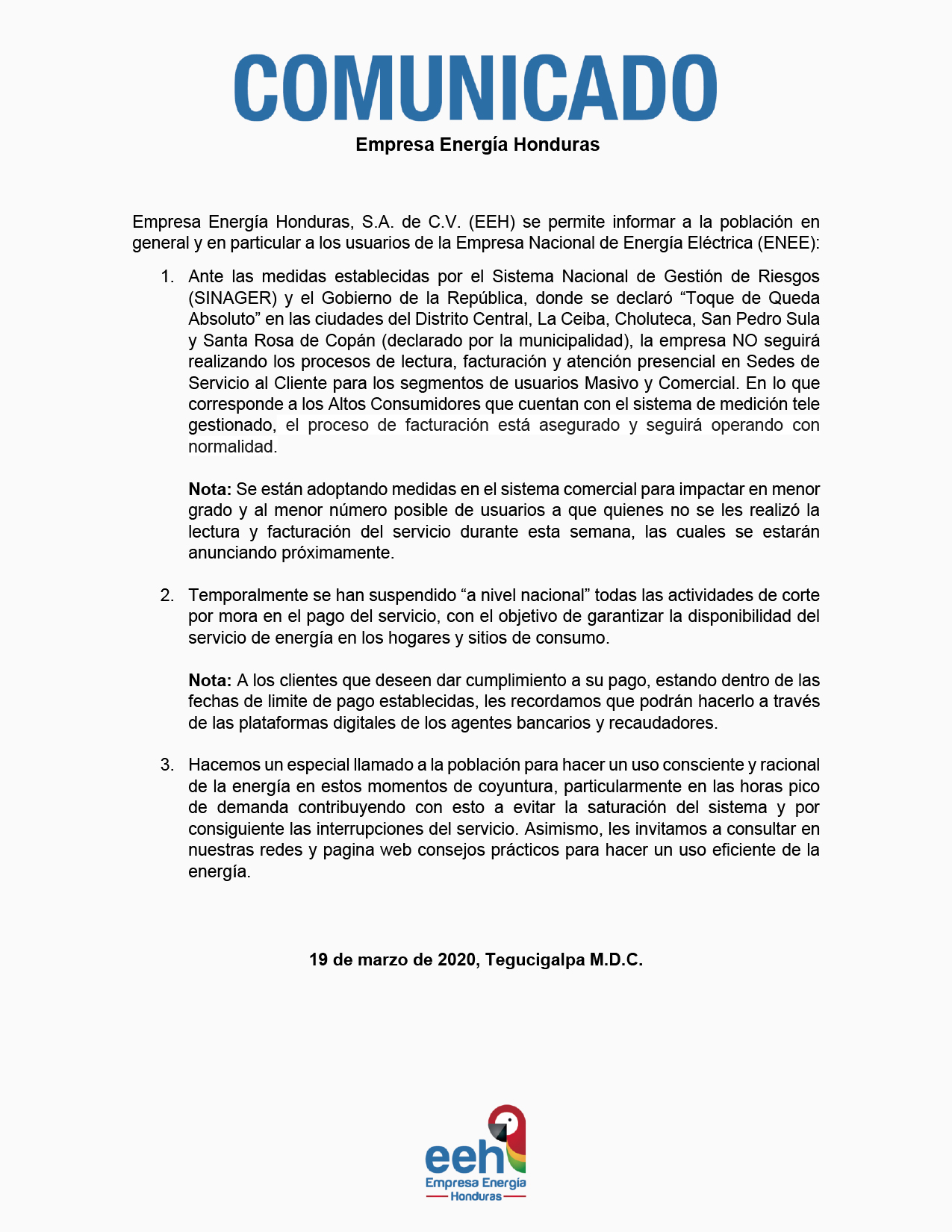 EEH suspende lectura de contadores y facturación por cuarentena