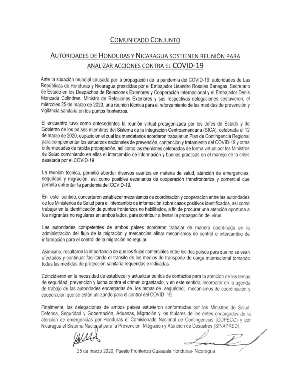 Honduras y Nicaragua buscan acciones conjuntas para contener COVID-19