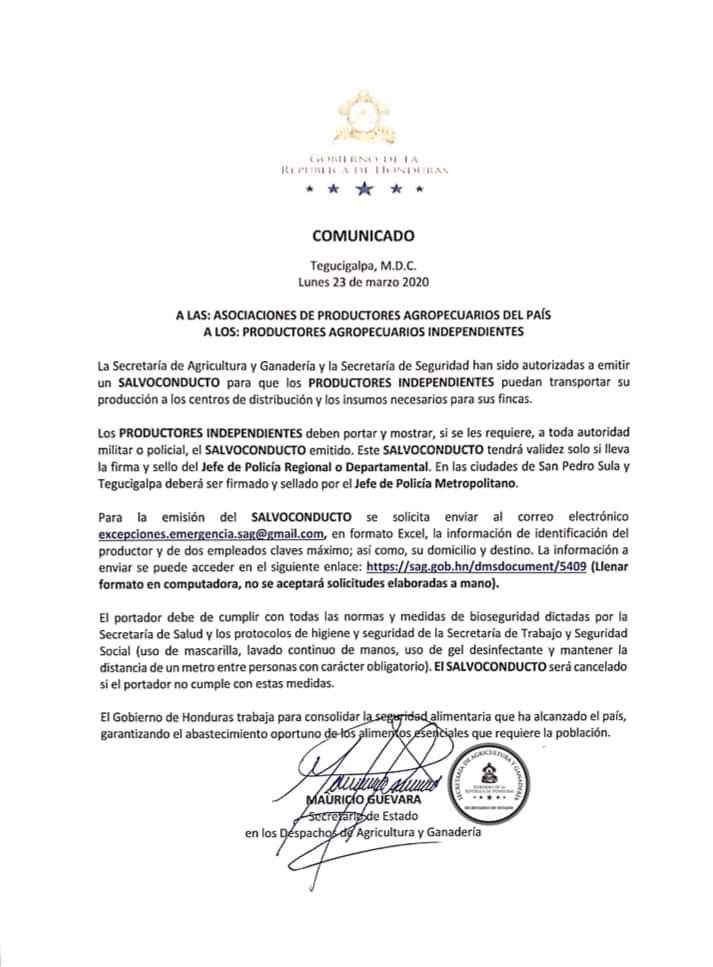 Emiten salvoconducto de movilización para productores independientes y de asociaciones