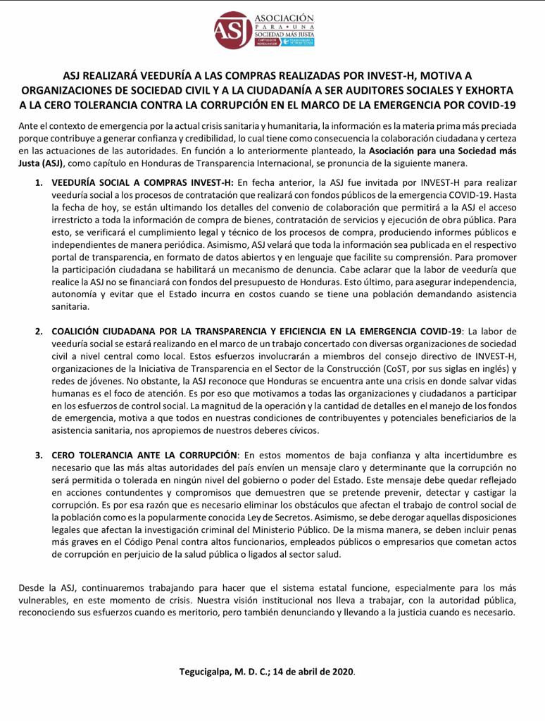 ASJ será veedor de compras bajo emergencia por COVID-19 en Honduras (Vídeo)