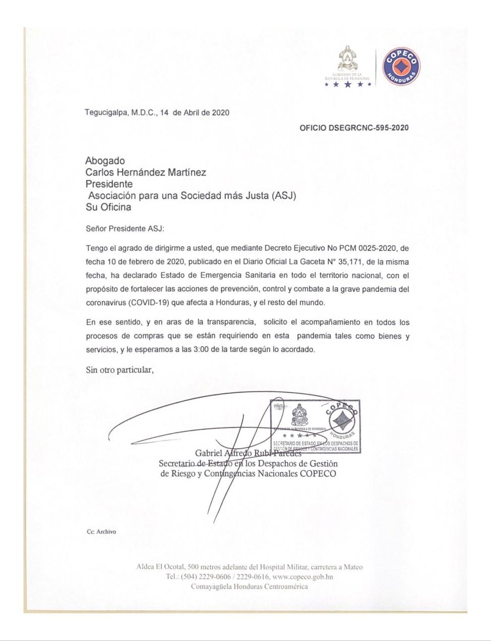 ASJ será veedor de compras bajo emergencia por COVID-19 en Honduras (Vídeo)