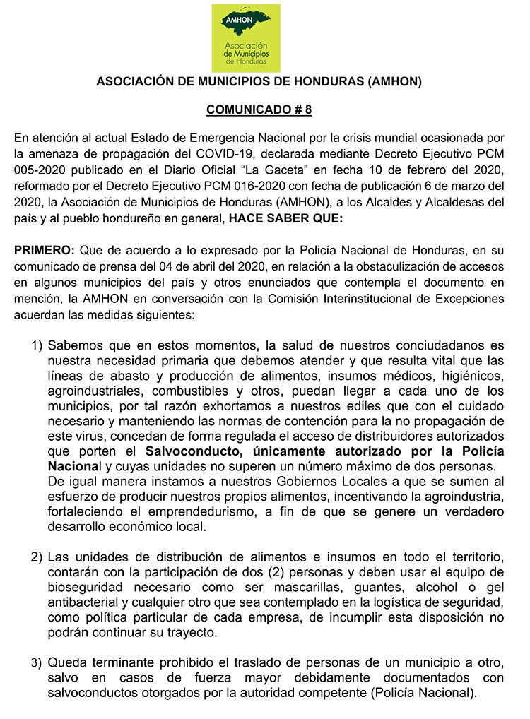 Alcaldes no deben impedir circulación de cadena agroalimentaria en Honduras