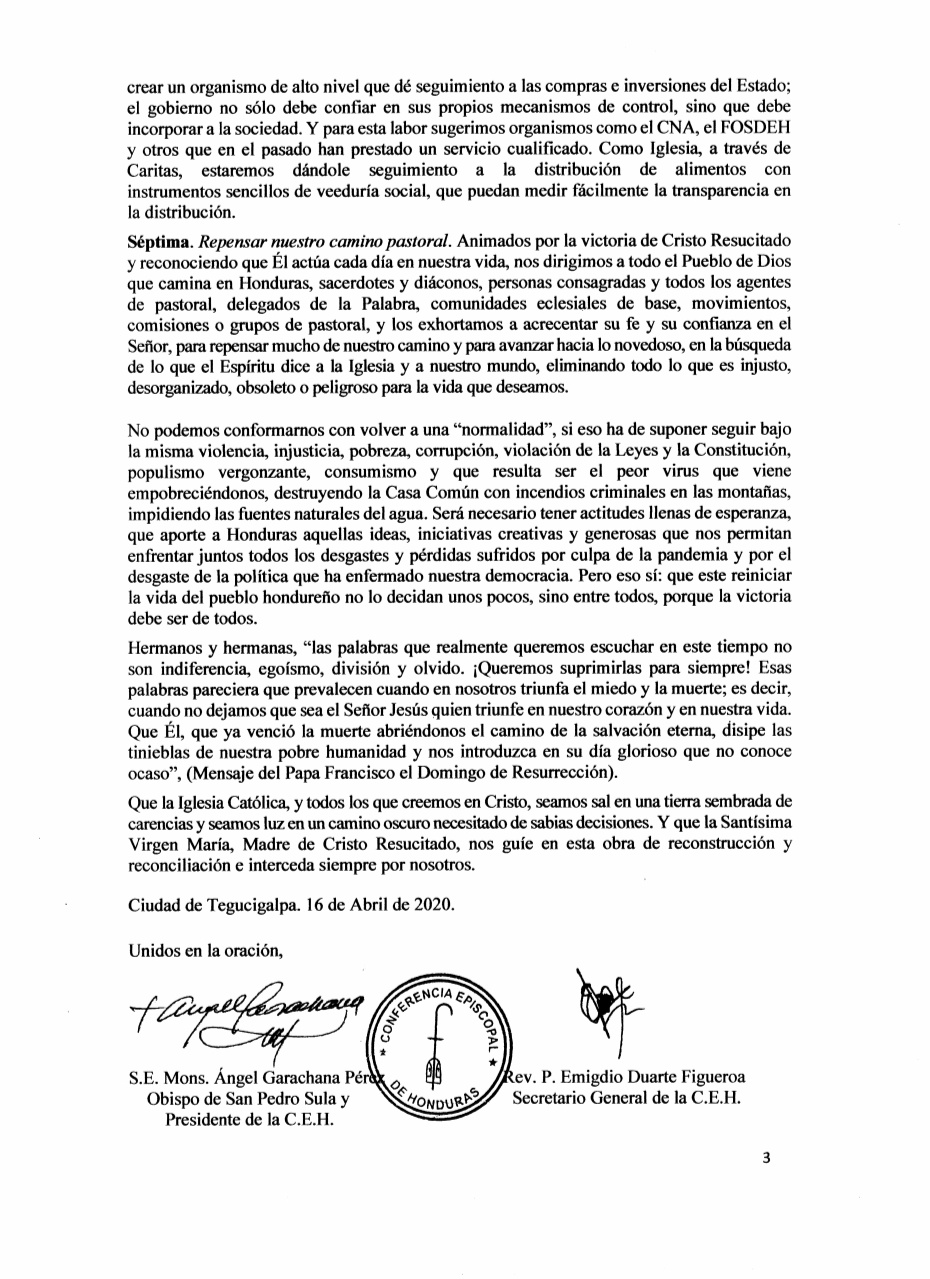 Conferencia Episcopal emite mensaje de Pascua y solidaridad ante pandemia