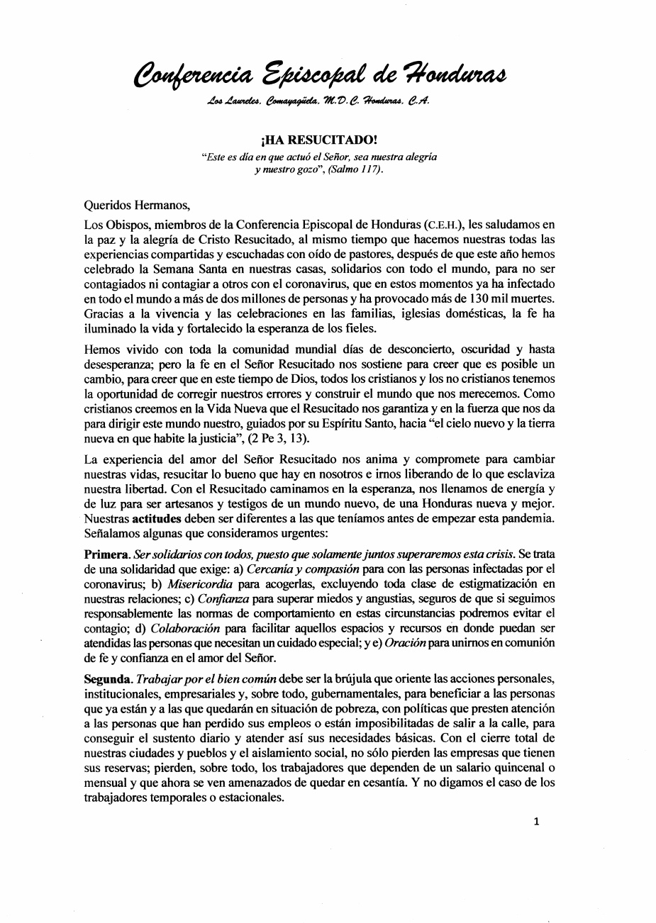 Conferencia Episcopal emite mensaje de Pascua y solidaridad ante pandemia