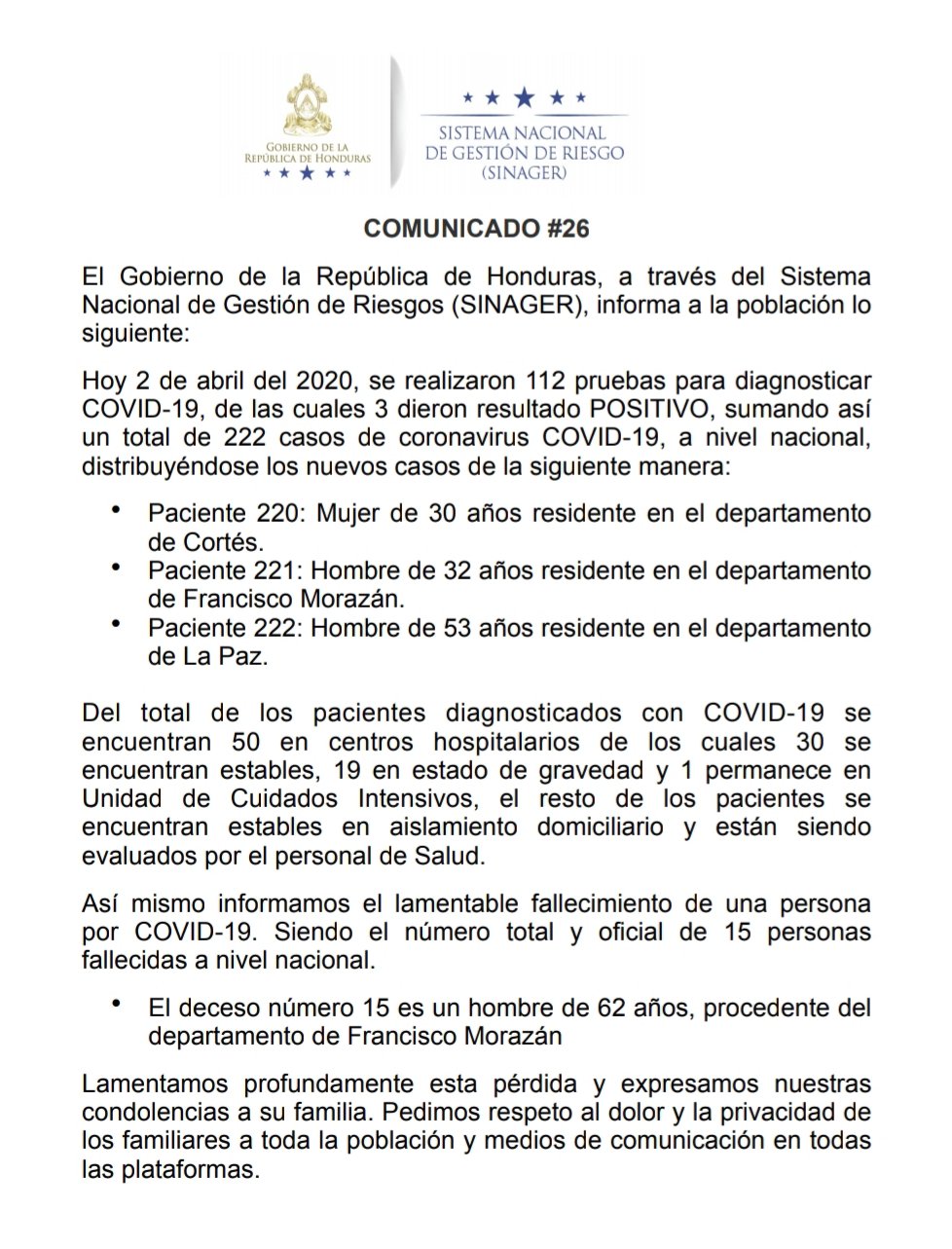 Suman tres casos nuevos de coronavirus y el total asciende a 222