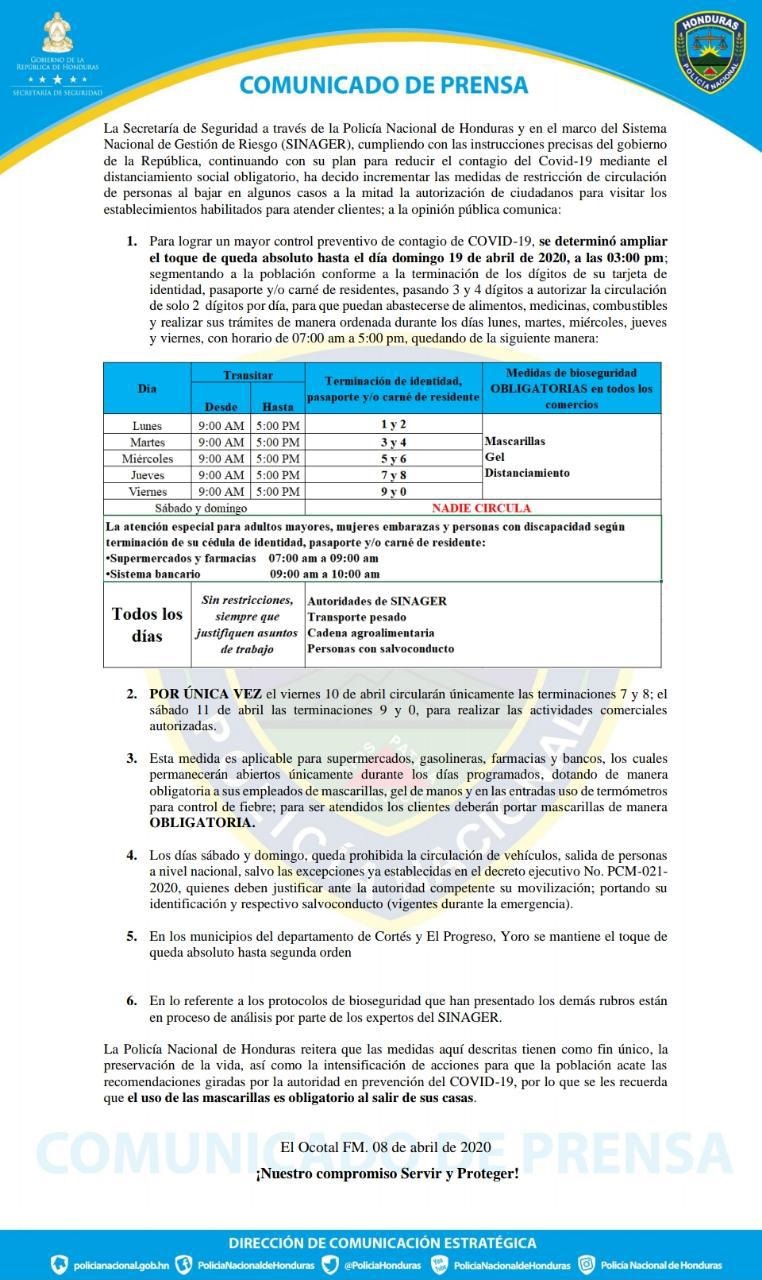 Toque de queda se amplía al 19 de abril e incrementan medidas de restricción