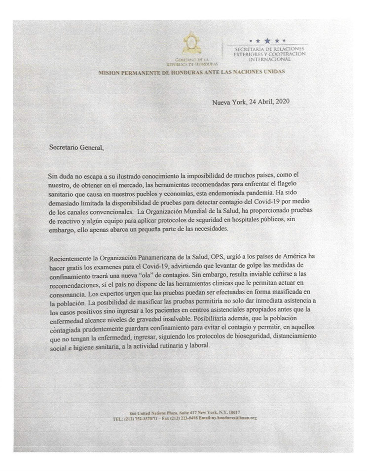Pruebas de COVID-19 para Honduras pide embajadora a la ONU en carta al Secretario General
