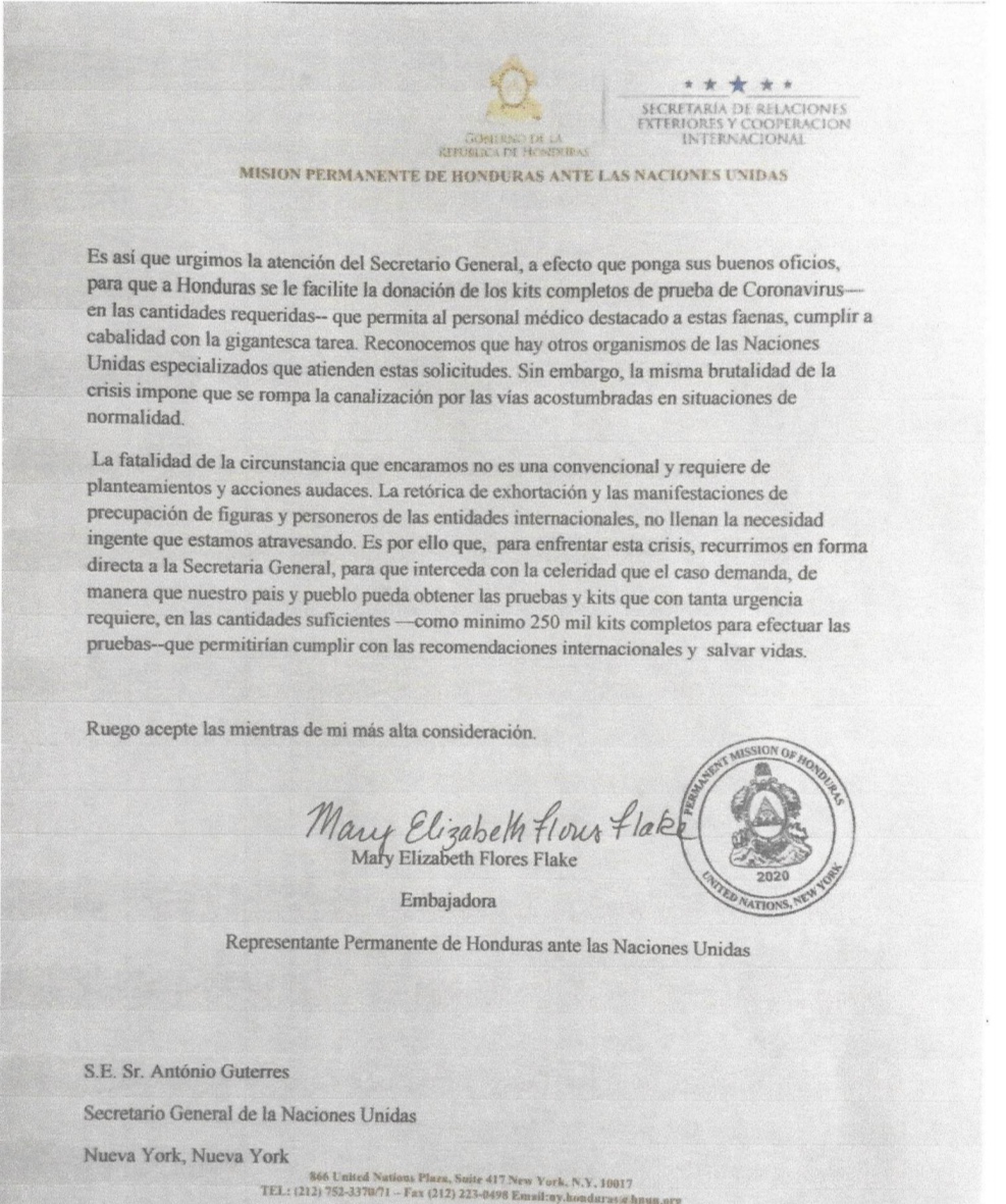 Pruebas de COVID-19 para Honduras pide embajadora a la ONU en carta al Secretario General