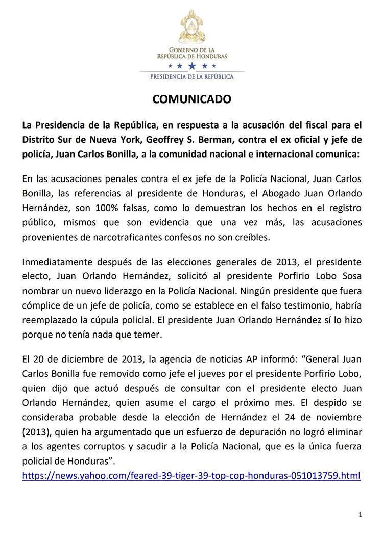 Casa de Gobierno dice que acusaciones provenientes de narcotraficantes confesos no son creíbles