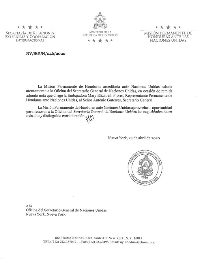 Pruebas de COVID-19 para Honduras pide embajadora a la ONU en carta al Secretario General