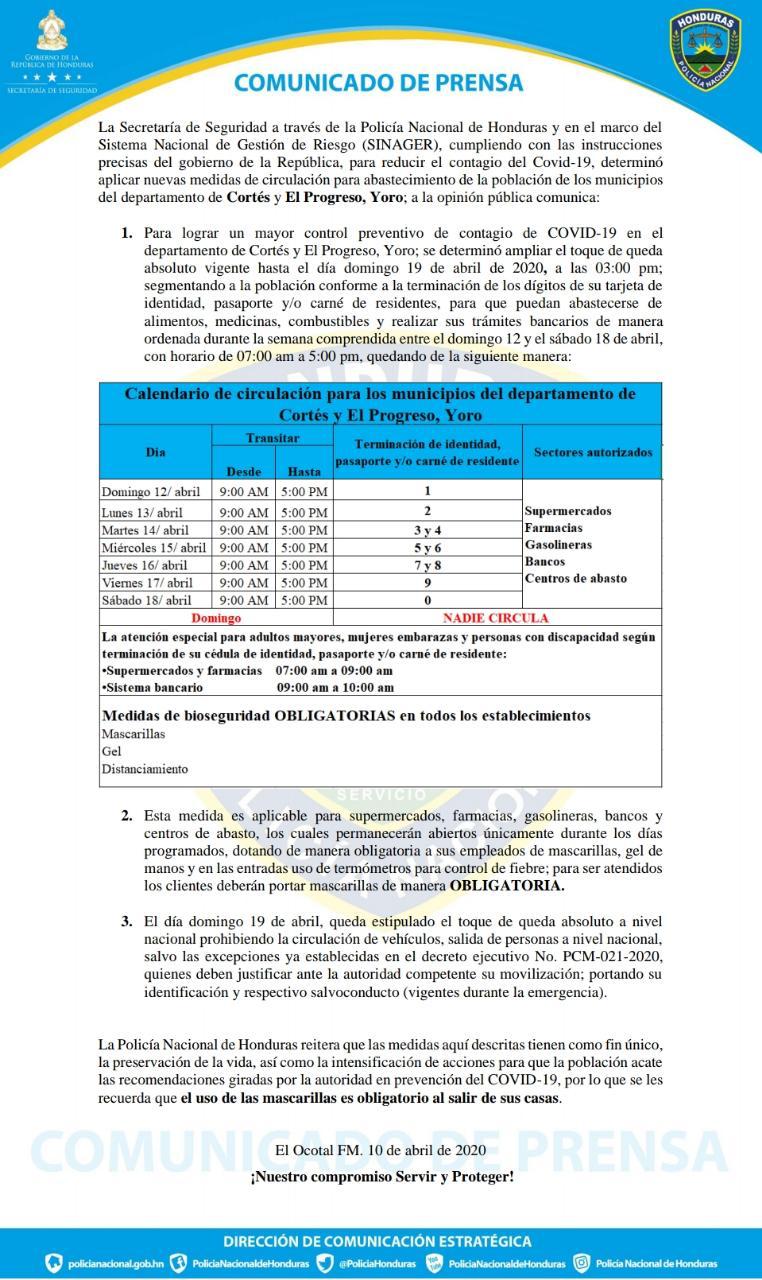 Secretaría de Seguridad aplica nuevas medidas de circulación en Cortés y El Progreso, Yoro