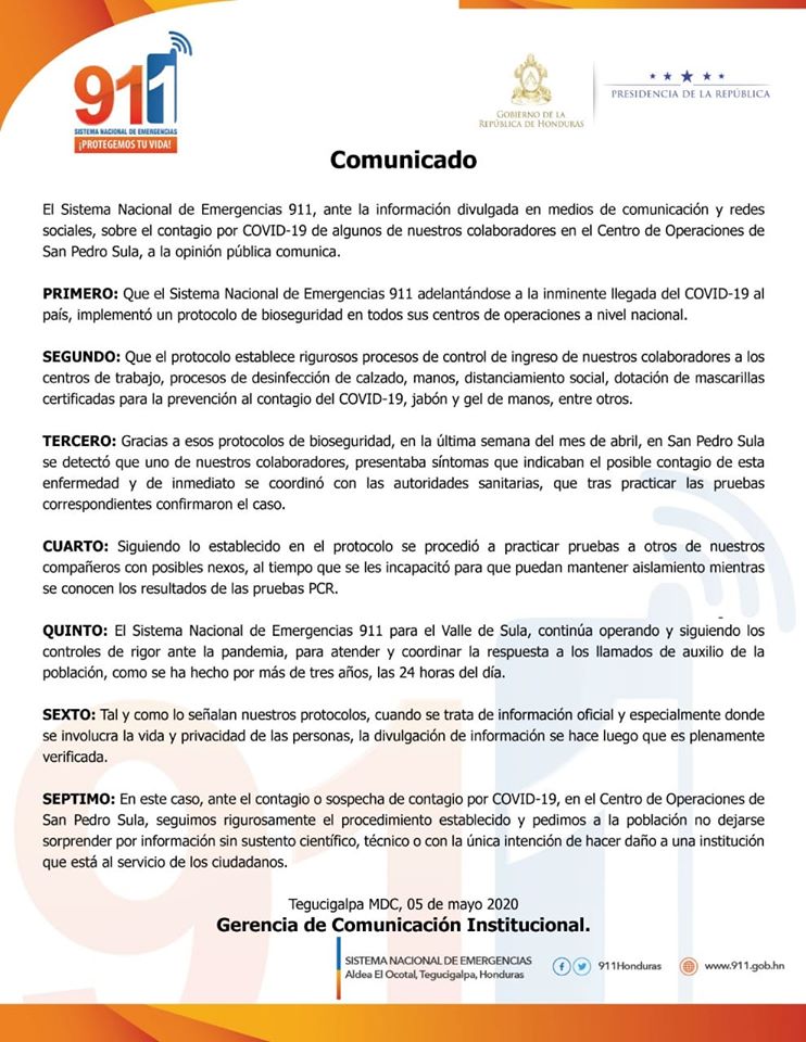 Empleado del 911 en San Pedro Sula resulta positivo al COVID-19