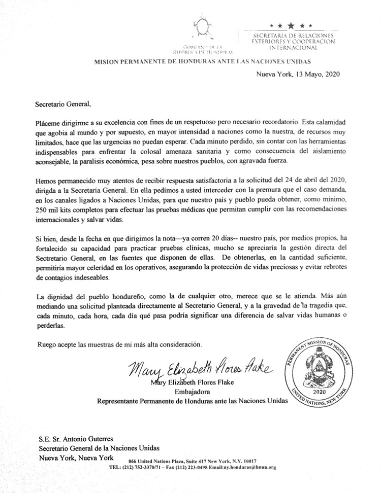 Urgen pruebas de COVID-19 para Honduras recuerda embajadora a la ONU en carta al Secretario General