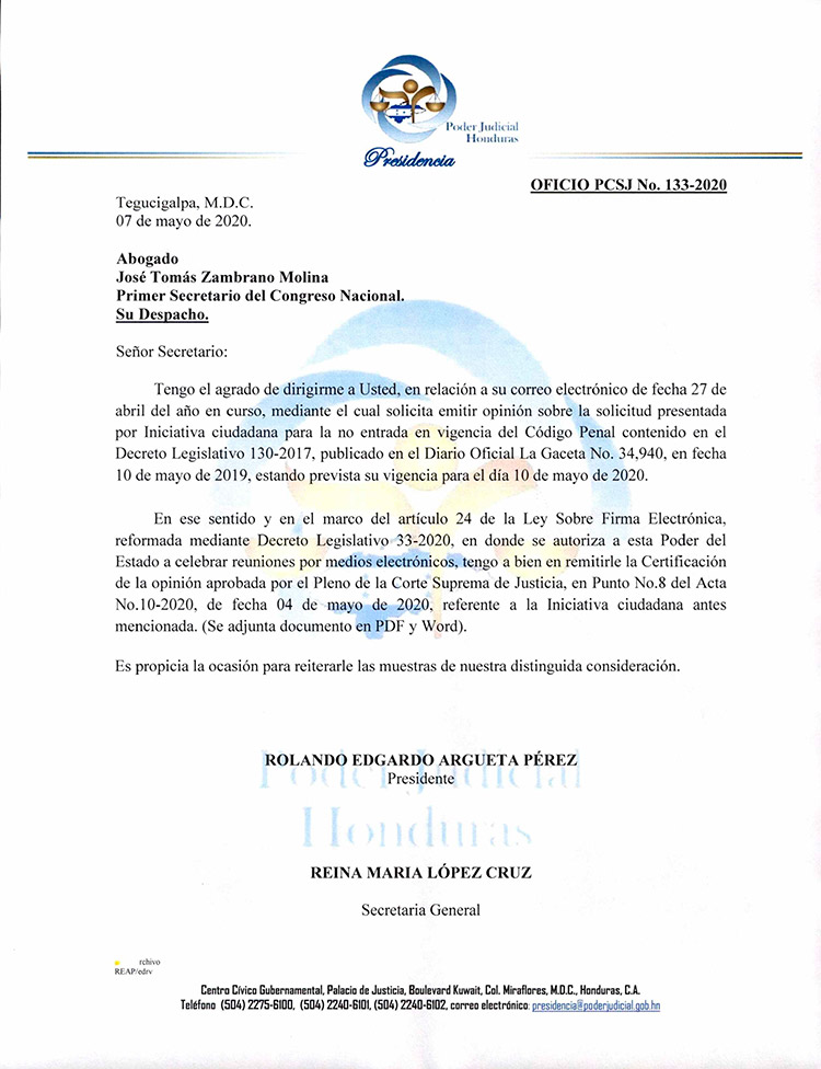 CSJ opina que no se aprueba ley de iniciativa ciudadana para que no entre en vigencia Código Penal