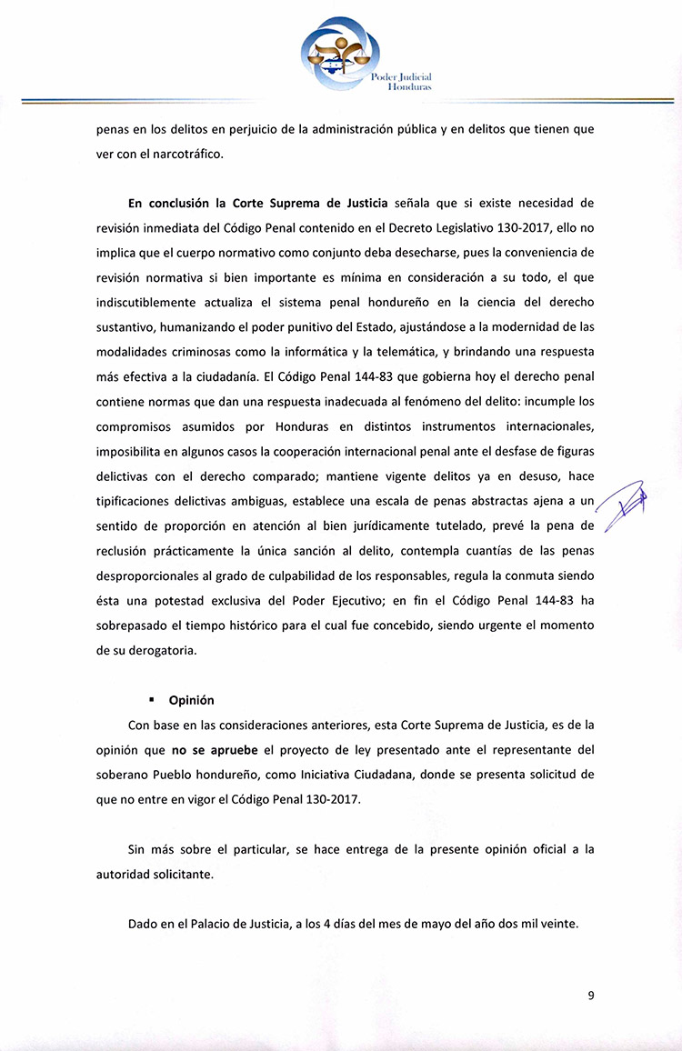 CSJ opina que no se aprueba ley de iniciativa ciudadana para que no entre en vigencia Código Penal