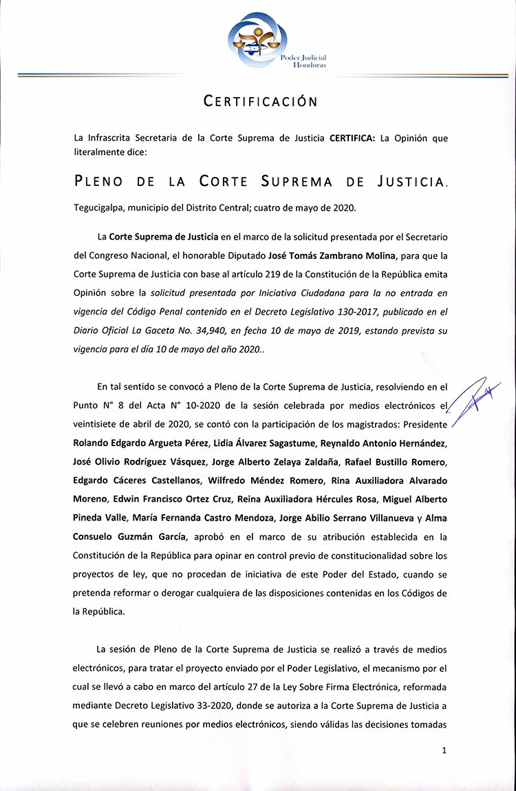 CSJ opina que no se aprueba ley de iniciativa ciudadana para que no entre en vigencia Código Penal