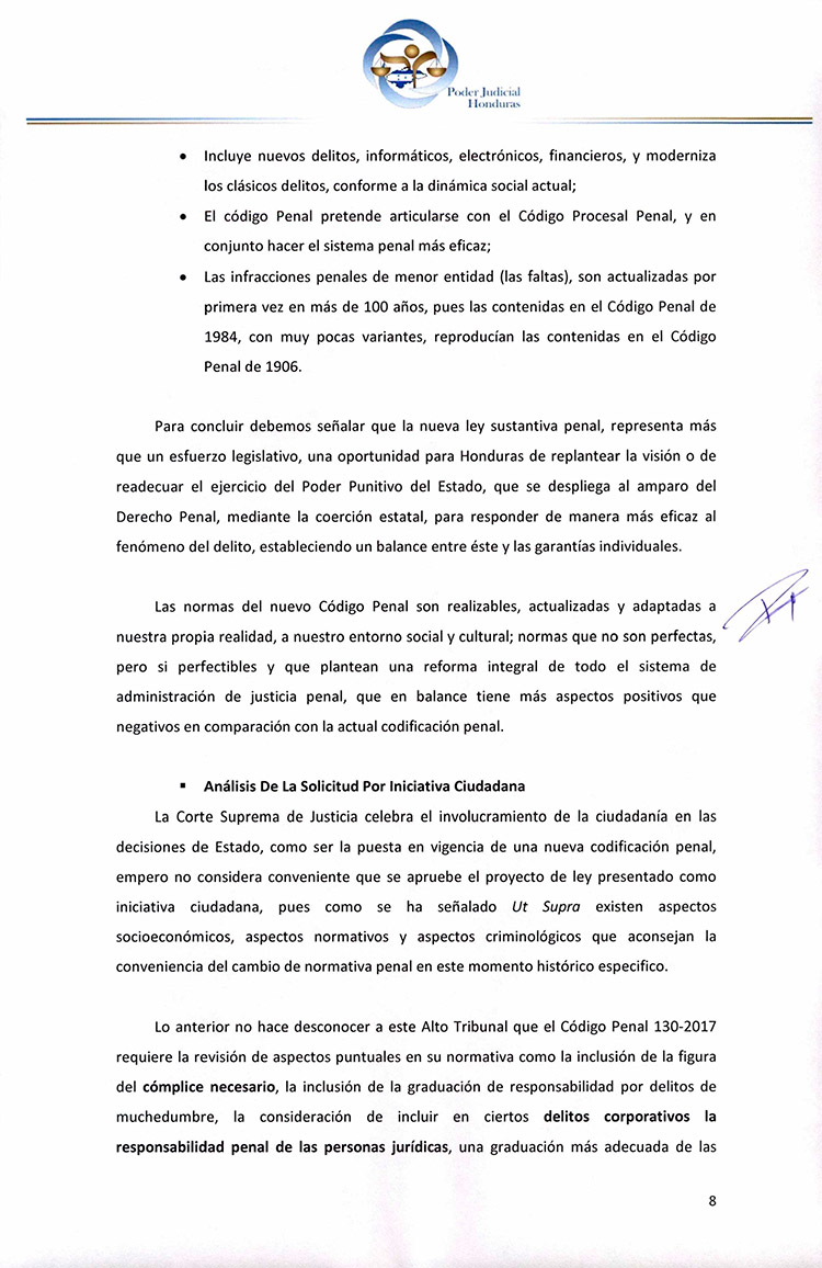 CSJ opina que no se aprueba ley de iniciativa ciudadana para que no entre en vigencia Código Penal