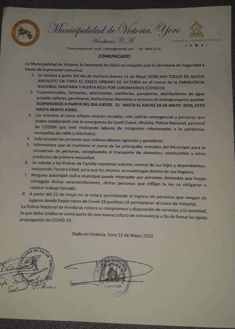 Autoridades cierran Victoria, Yoro, por al menos ocho días