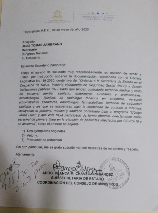 Ejecutivo veta ley que propone empleo permanente a personal sanitario y hace nueva propuesta