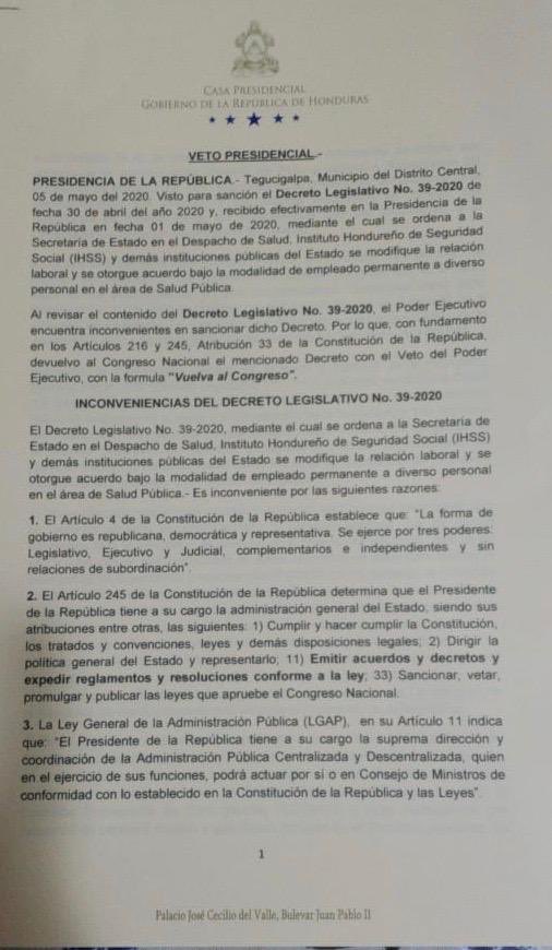 Ejecutivo veta ley que propone empleo permanente a personal sanitario y hace nueva propuesta