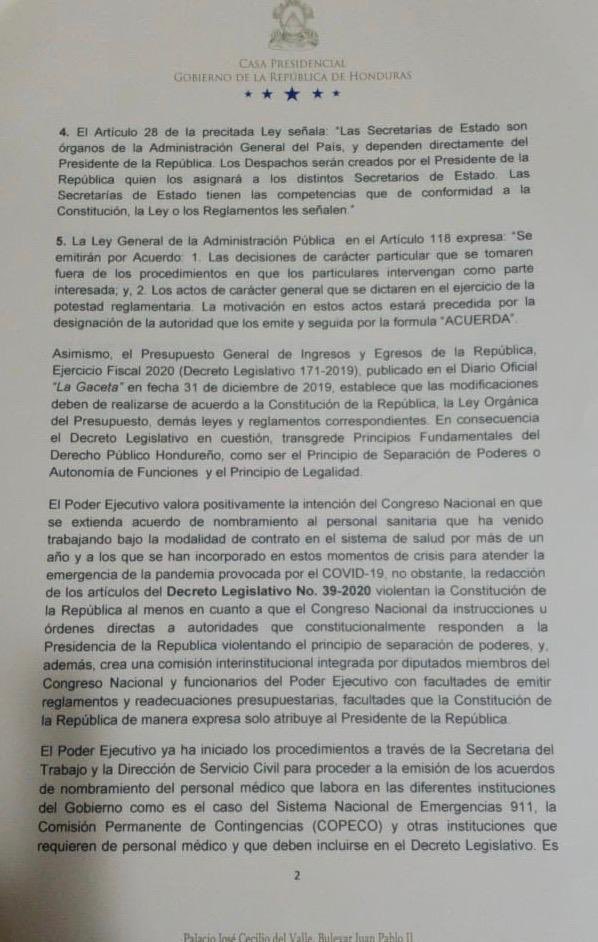 Ejecutivo veta ley que propone empleo permanente a personal sanitario y hace nueva propuesta