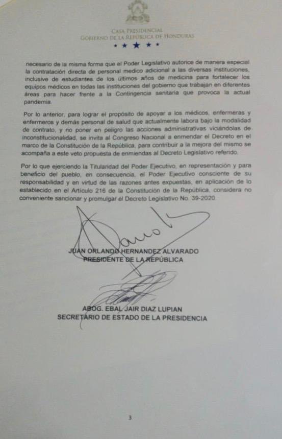 Ejecutivo veta ley que propone empleo permanente a personal sanitario y hace nueva propuesta