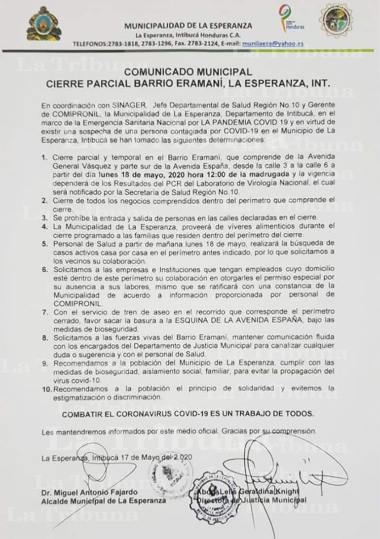 Alcaldía de La Esperanza, Intibucá ordena el cierre parcial de un barrio por sospechas de COVID-19