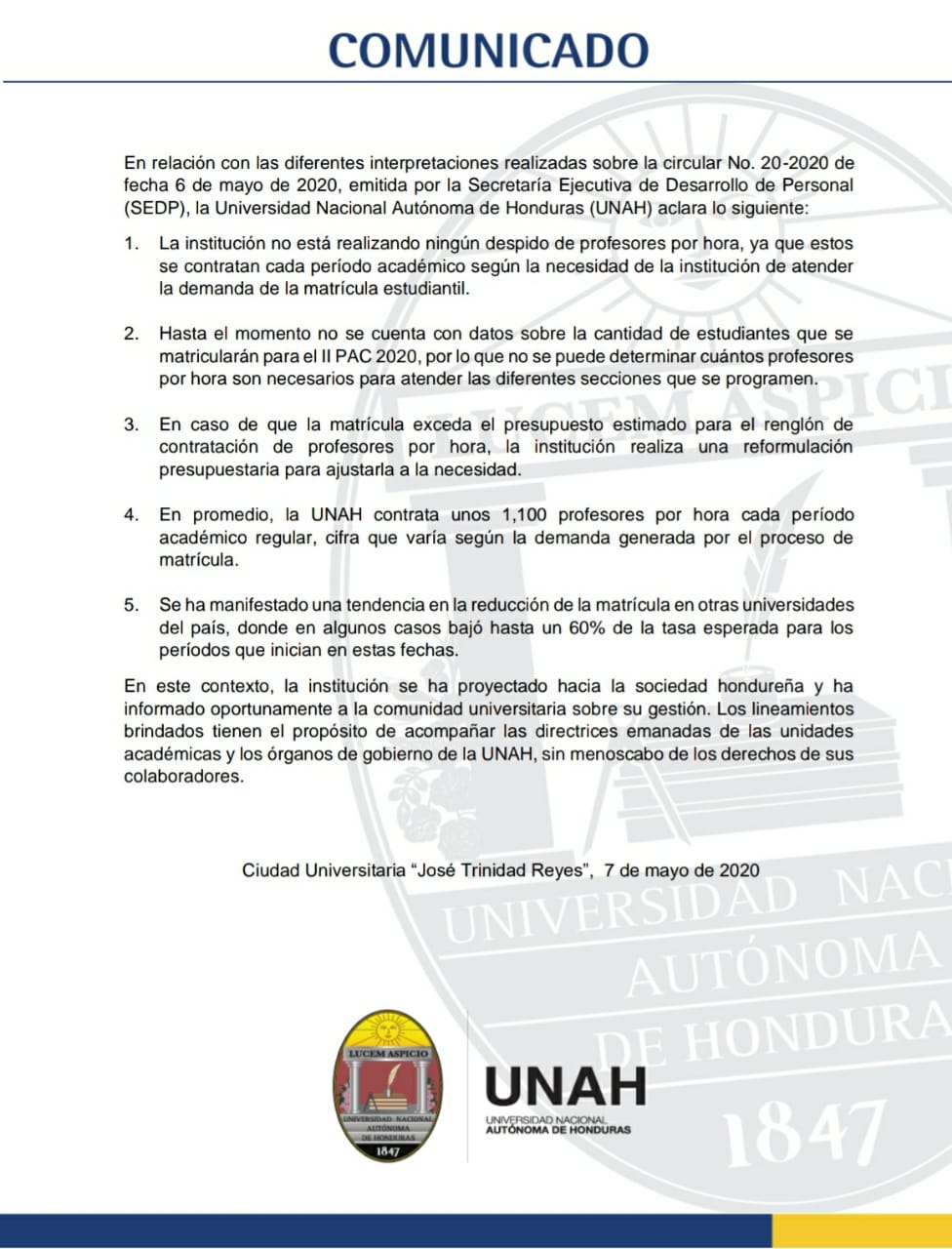 UNAH aclara que ‘no ha realizado, ni está realizando’ despidos de maestros por hora