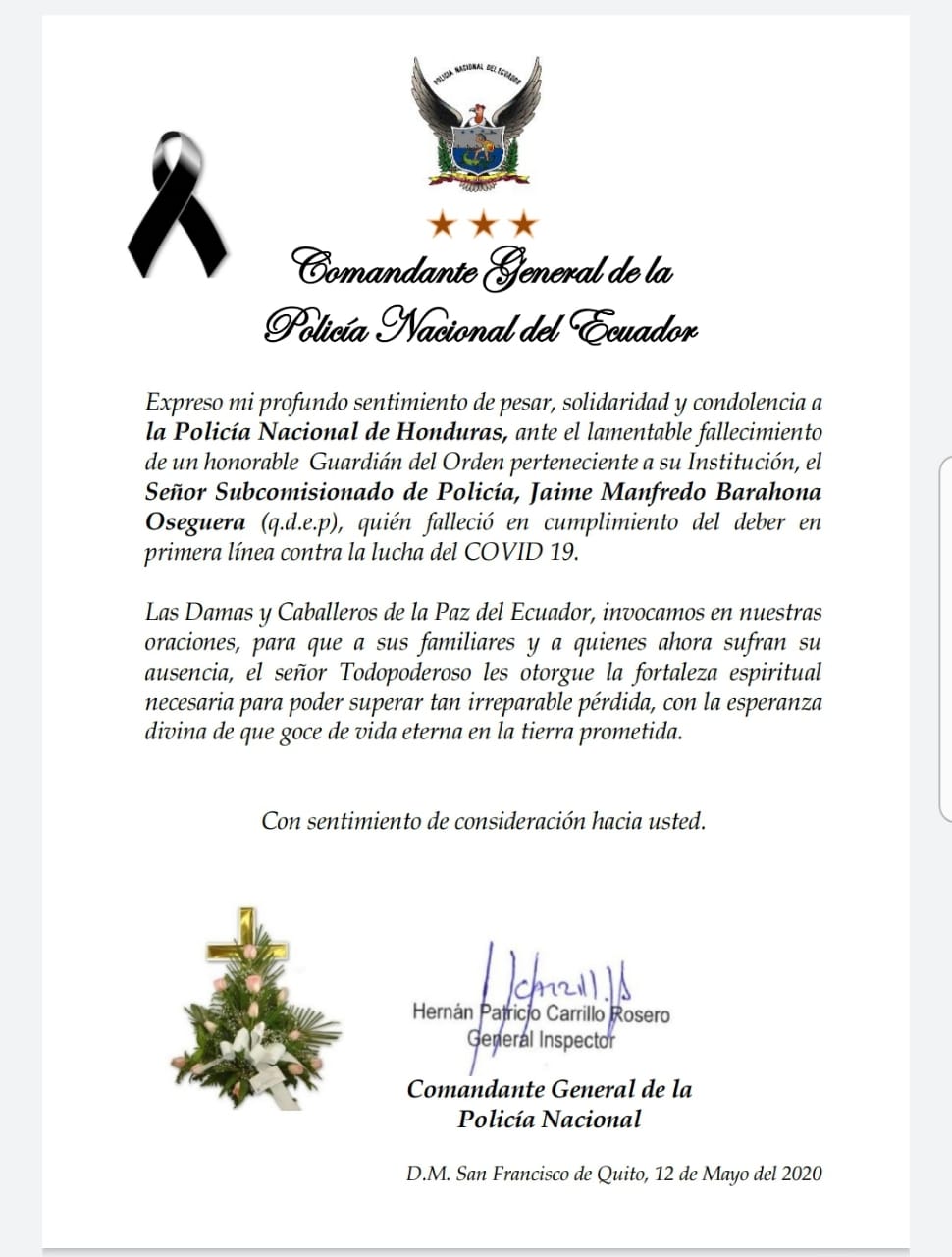 Policías de América se solidarizan por la muerte del Comisionado Póstumo Jaime Barahona