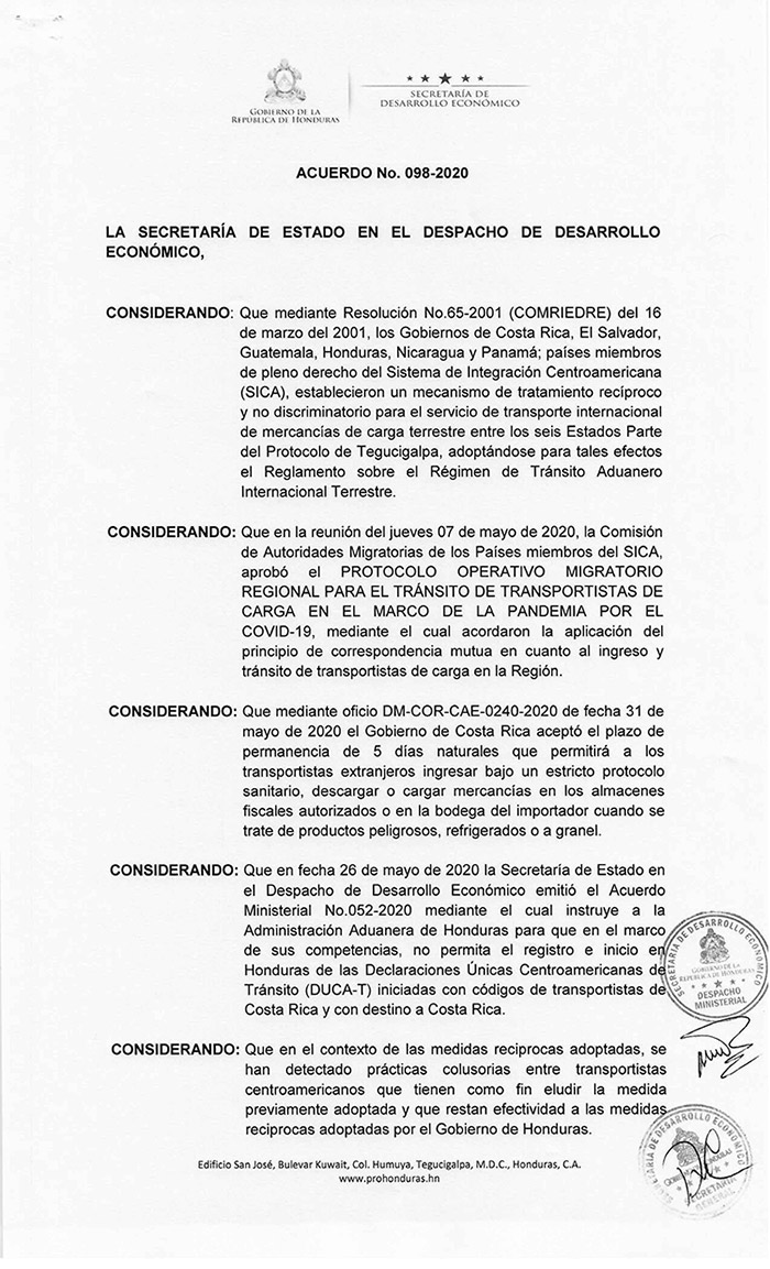 Honduras aplica medidas de reciprocidad a transportistas ticos