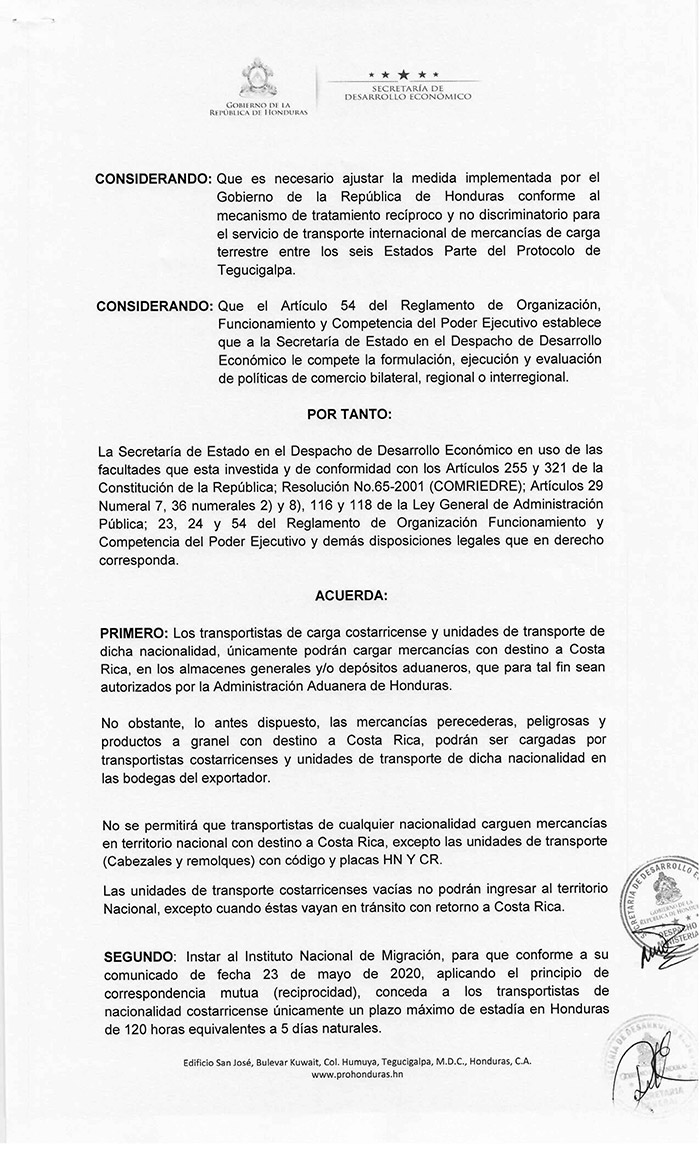Honduras aplica medidas de reciprocidad a transportistas ticos