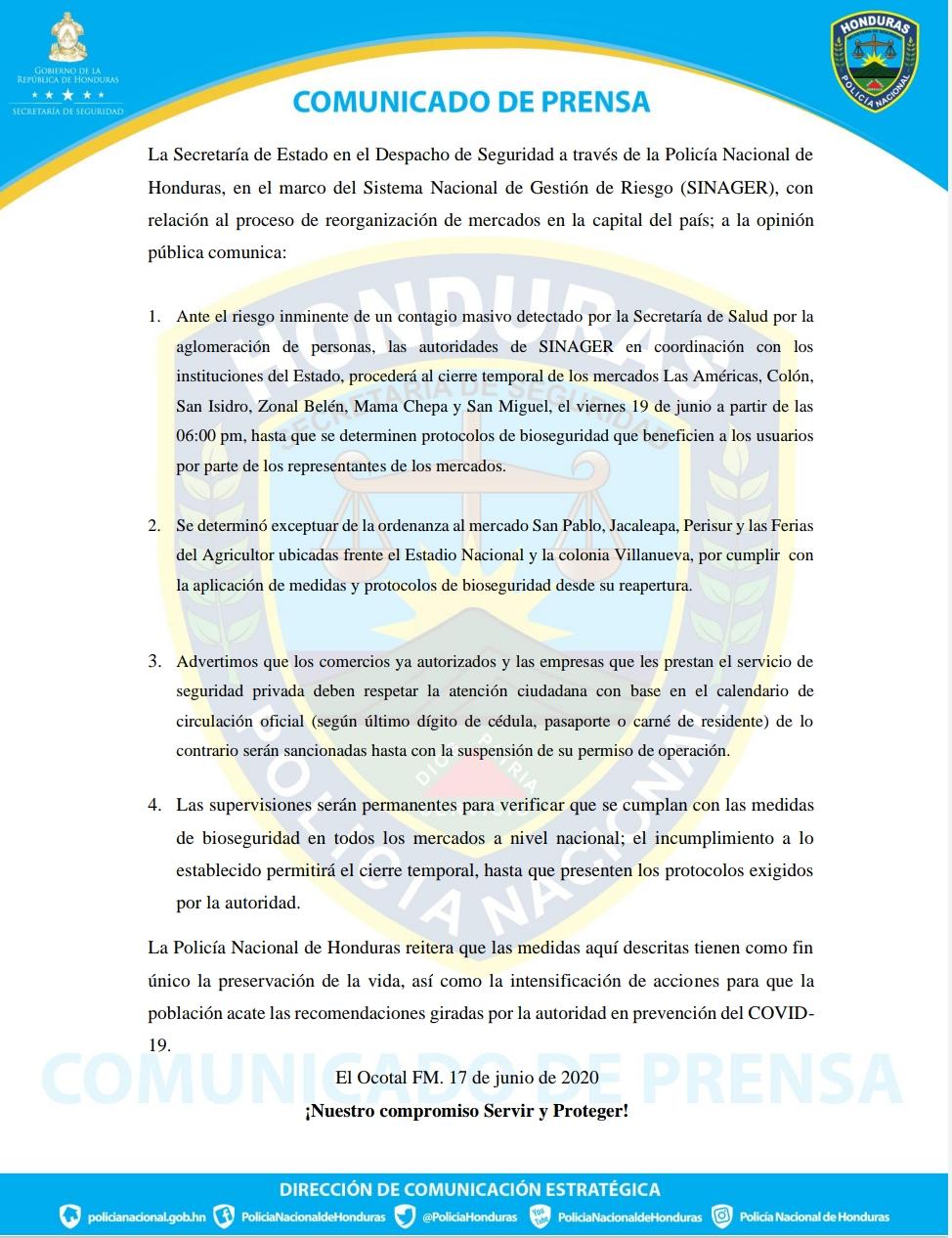 Cerrarán mercados de Tegucigalpa para evitar propagación de Covid