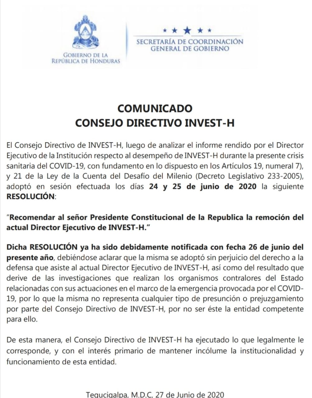 Consejo Directivo de Invest-H pidió al presidente remoción de Bográn