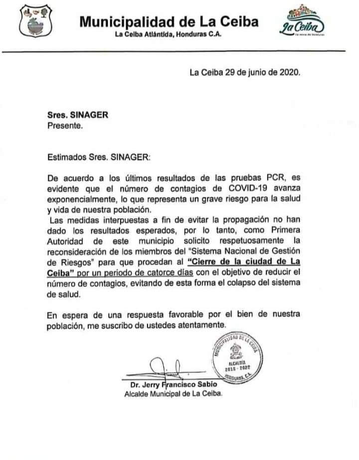 Alcaldía de La Ceiba pide a Sinager cierre de la ciudad por dos semanas