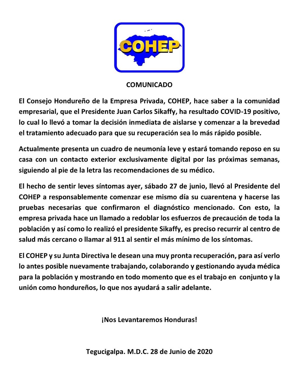 Presidente del COHEP da positivo de COVID-19
